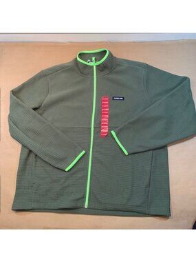 Lands End Mens Olive Green Fleece Jacket With Neon Trim Full-Zip Size XL New